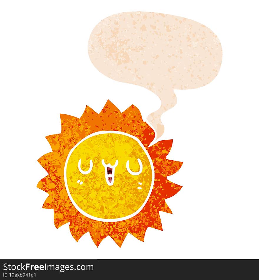 cartoon sun and speech bubble in retro textured style