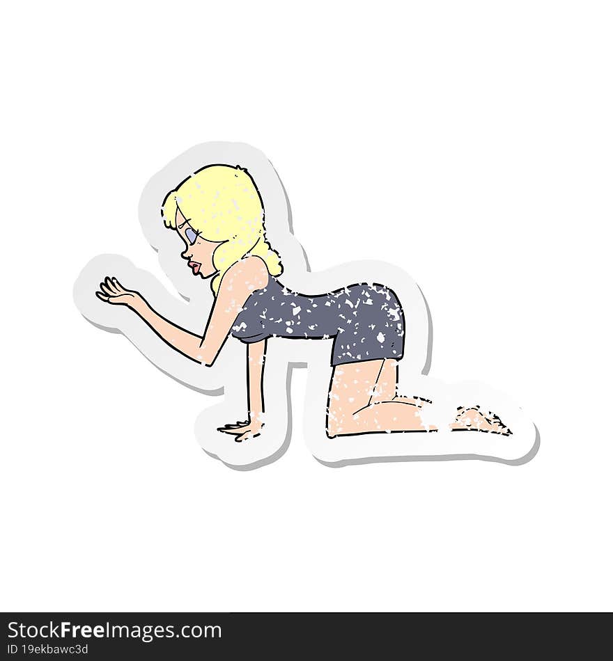 retro distressed sticker of a cartoon woman on all fours