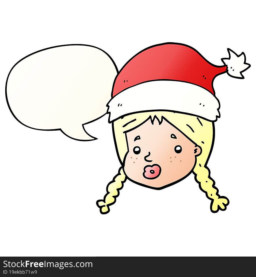 cartoon girl wearing christmas hat with speech bubble in smooth gradient style