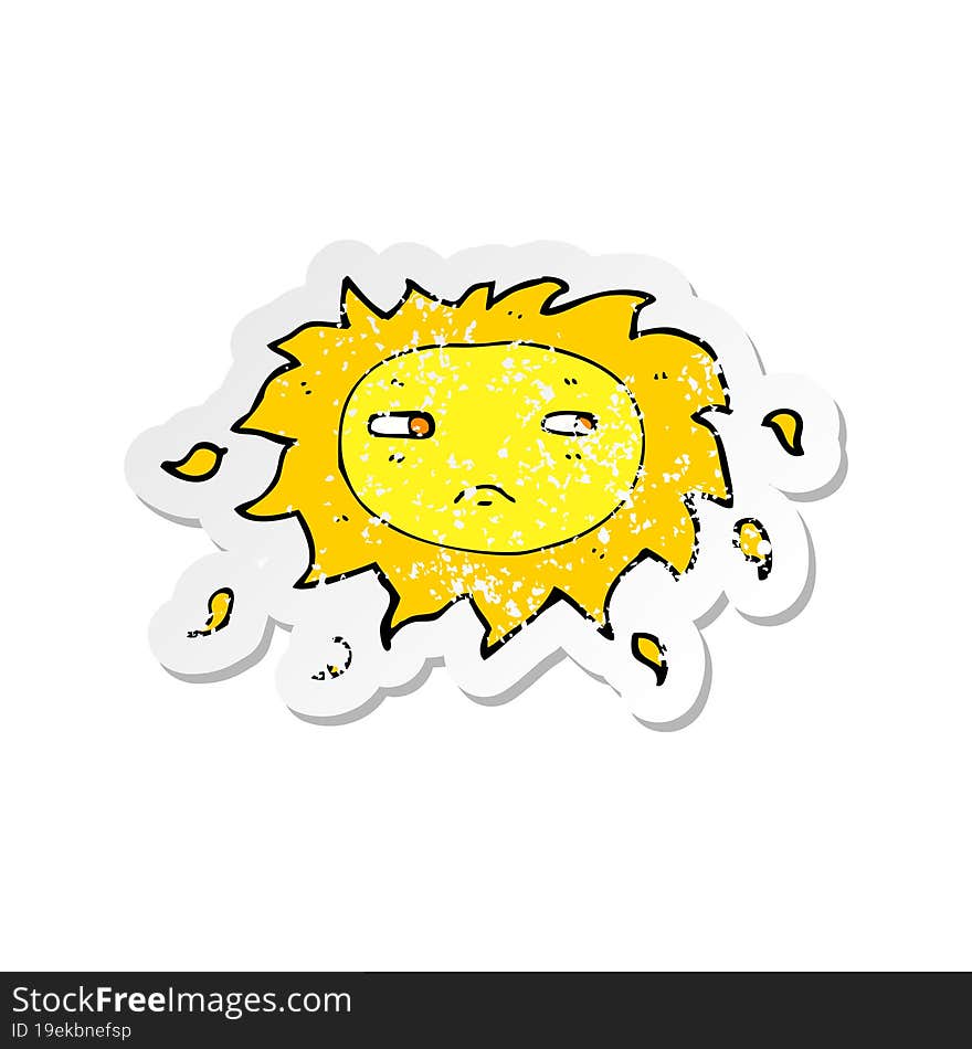 retro distressed sticker of a cartoon sad sun