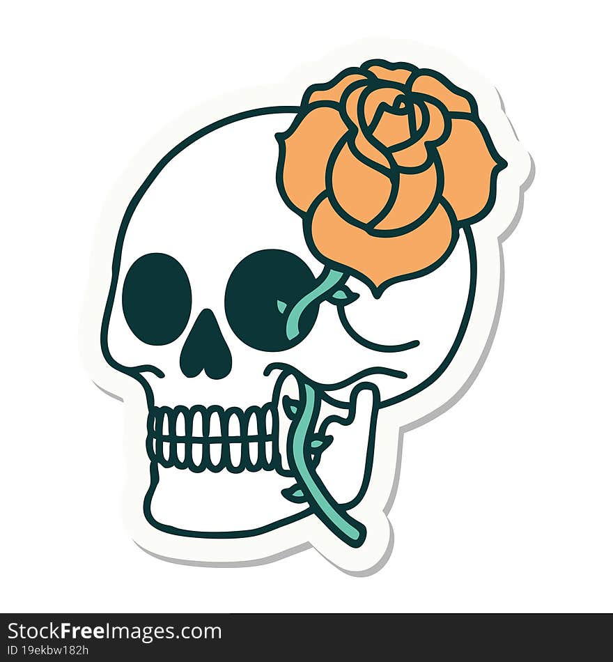 sticker of tattoo in traditional style of a skull and rose. sticker of tattoo in traditional style of a skull and rose