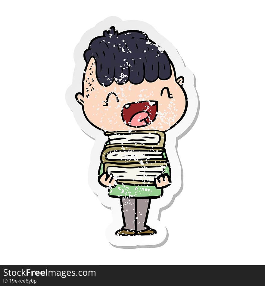 distressed sticker of a cartoon happy boy with new books