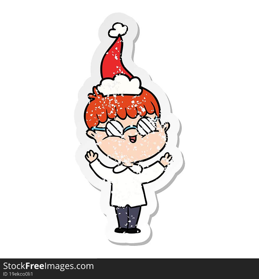 Distressed Sticker Cartoon Of A Boy Wearing Spectacles Wearing Santa Hat