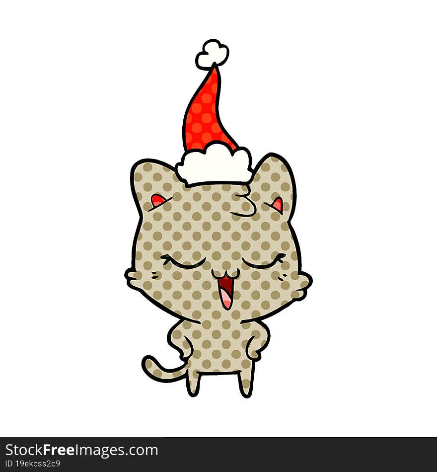 Happy Comic Book Style Illustration Of A Cat Wearing Santa Hat