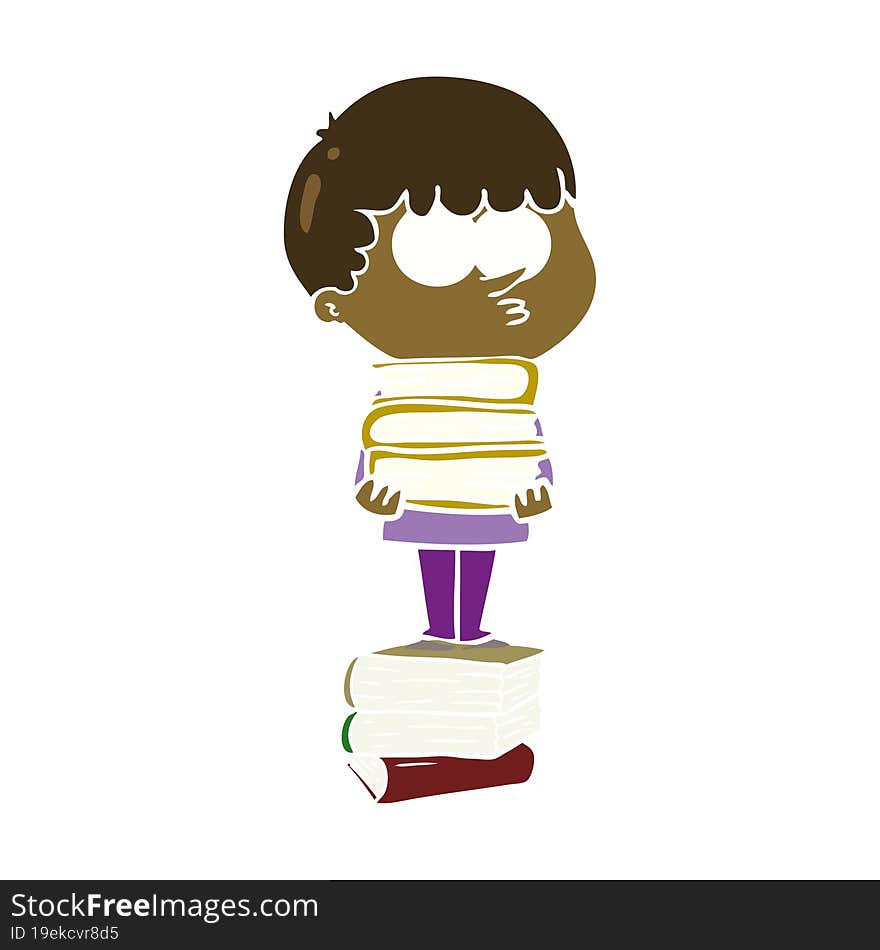 flat color style cartoon curious boy with lots of books