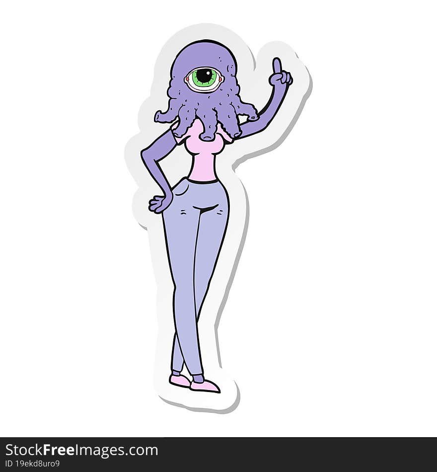 sticker of a cartoon female alien with raised hand