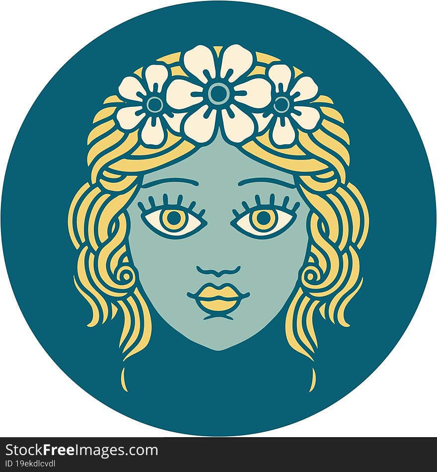 Tattoo Style Icon Of Female Face With Crown Of Flowers