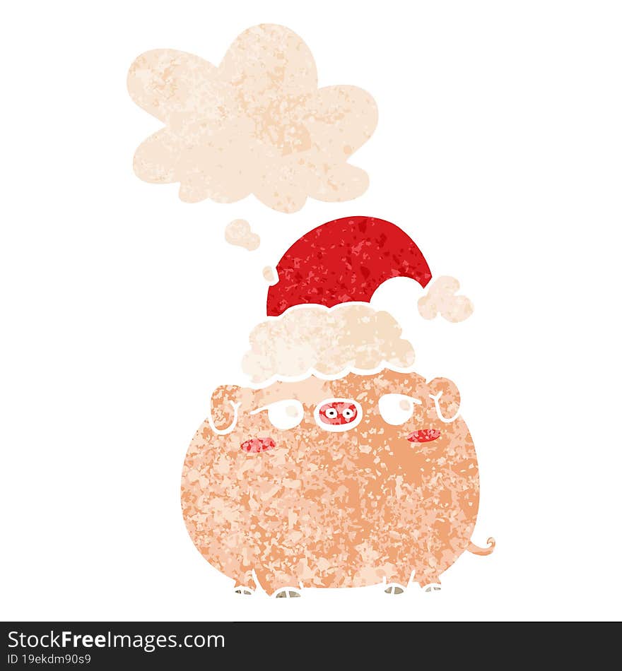 cartoon pig wearing christmas hat and thought bubble in retro textured style