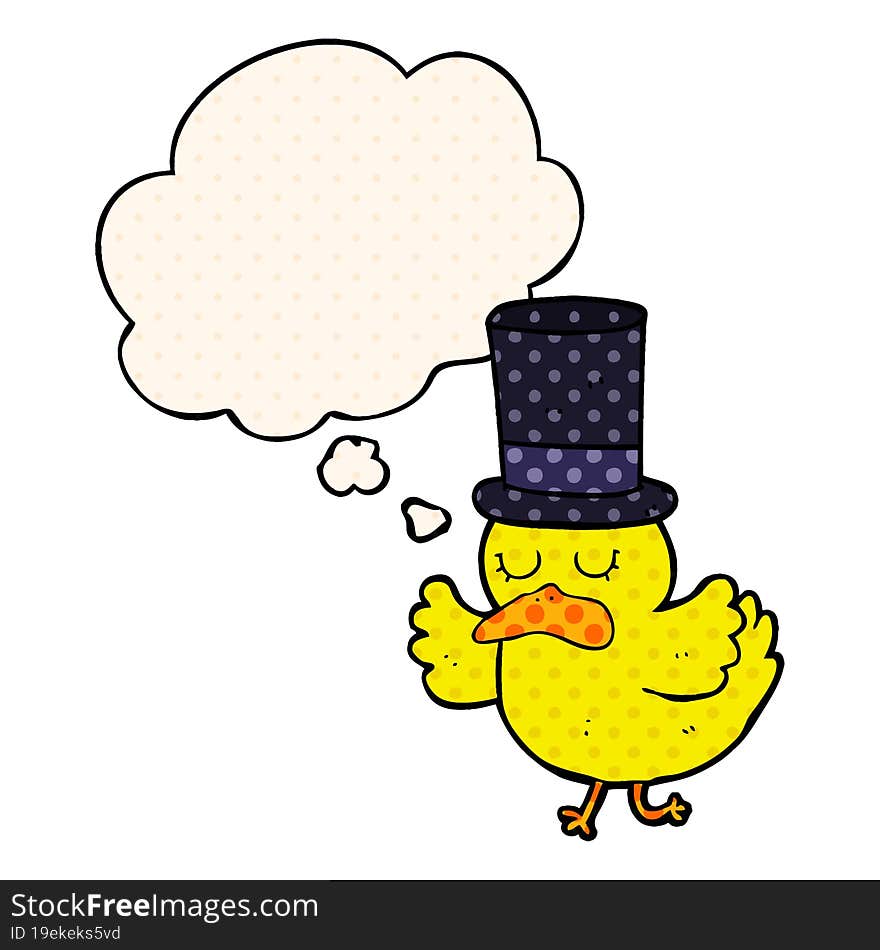 cartoon duck wearing top hat and thought bubble in comic book style