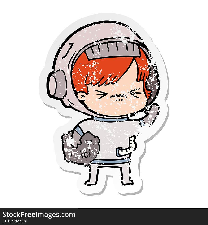 distressed sticker of a cartoon astronaut woman