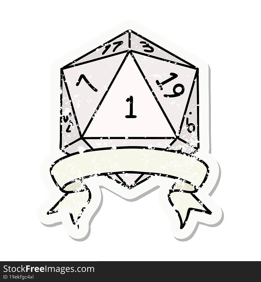 natural one d20 dice roll grunge sticker