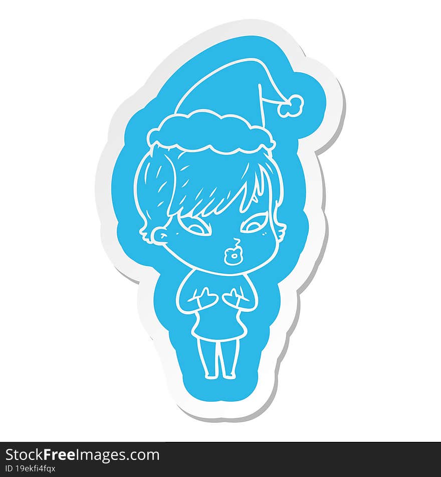 quirky cartoon  sticker of a woman wearing santa hat