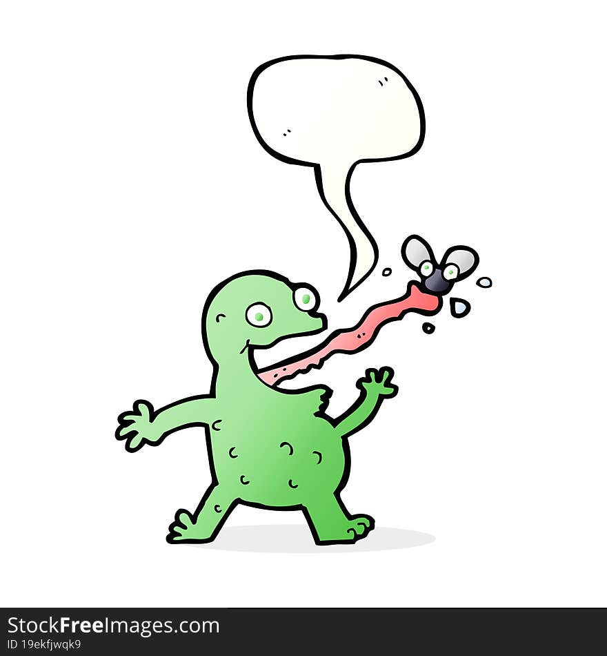 cartoon frog catching fly with speech bubble