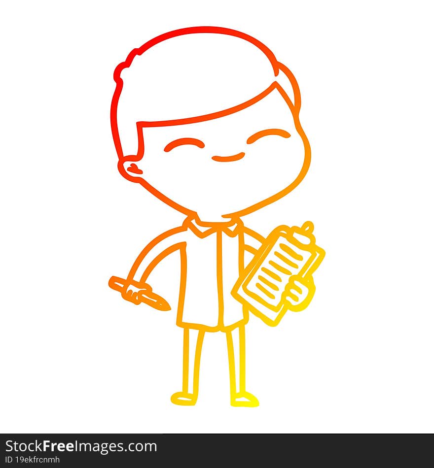 warm gradient line drawing of a cartoon smiling man with clip board