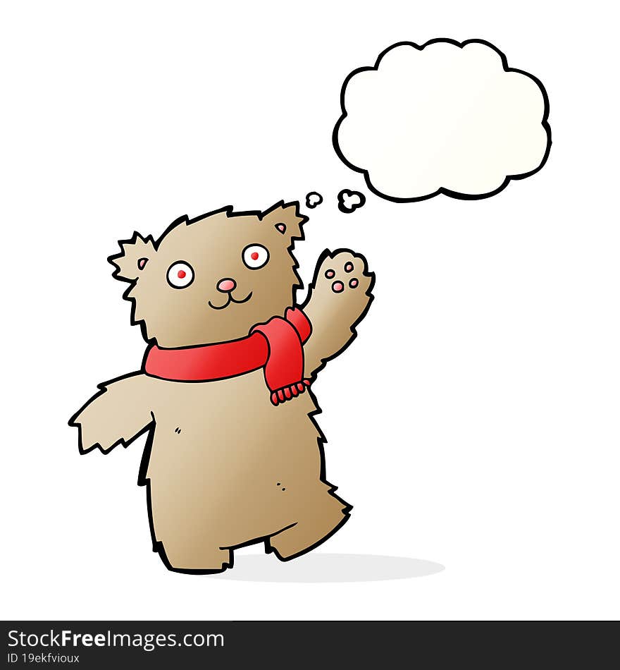 cartoon teddy bear wearing scarf with thought bubble