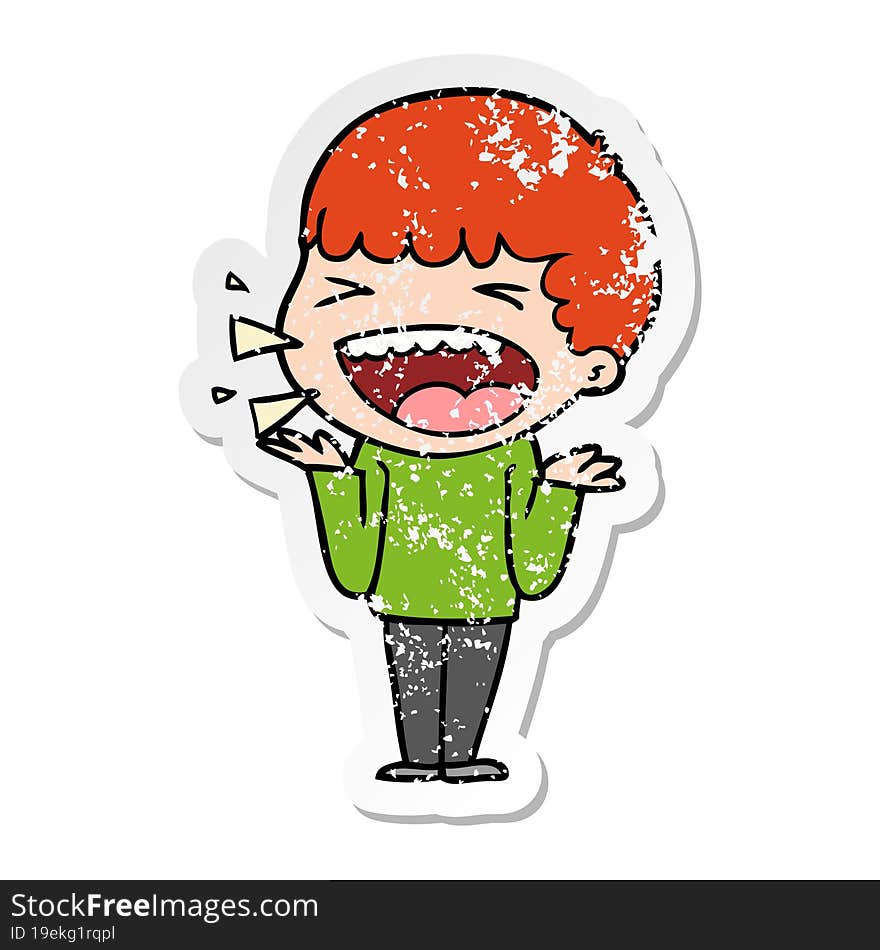 distressed sticker of a cartoon laughing man