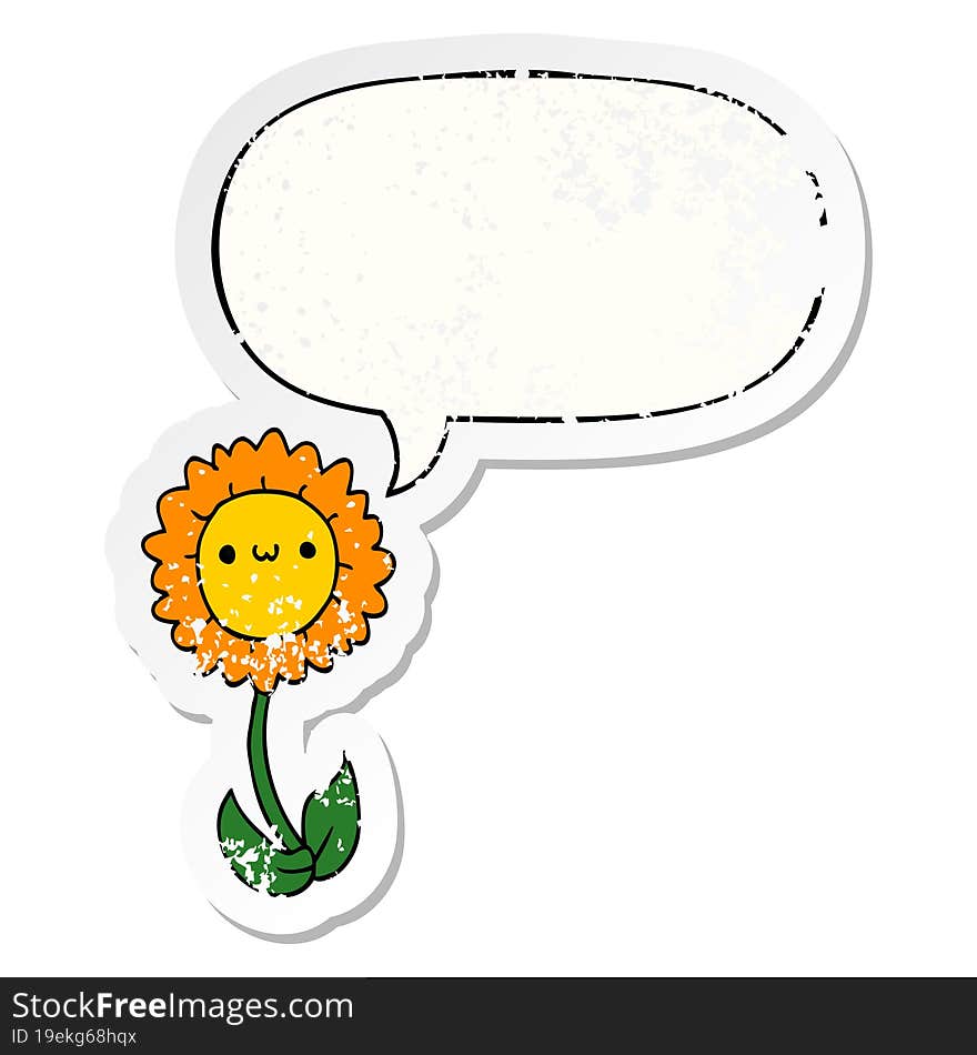 cartoon flower and speech bubble distressed sticker