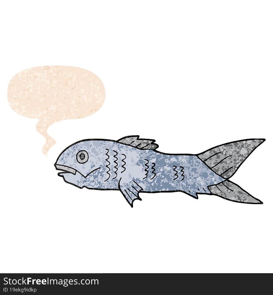 cartoon fish and speech bubble in retro textured style