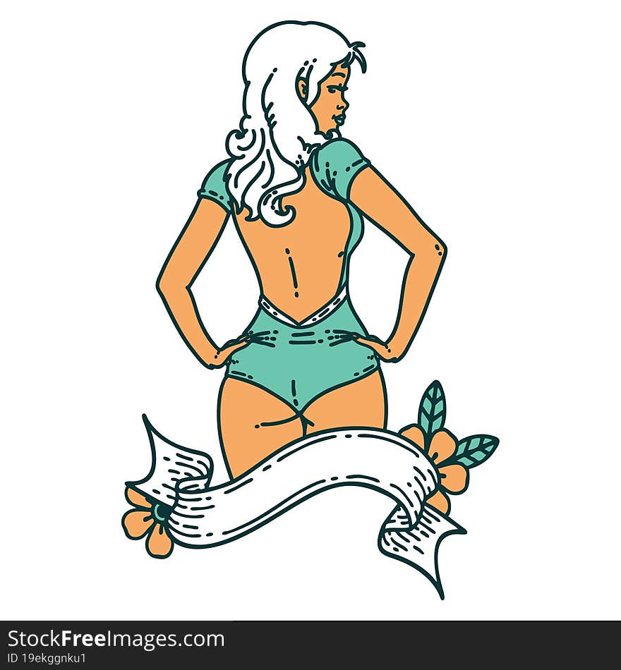 tattoo style icon of a pinup swimsuit girl with banner