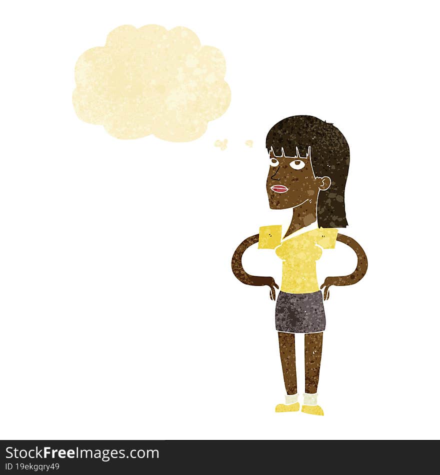 cartoon woman with hands on hips with thought bubble