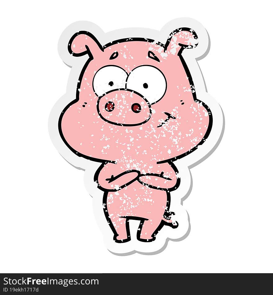 distressed sticker of a happy cartoon pig