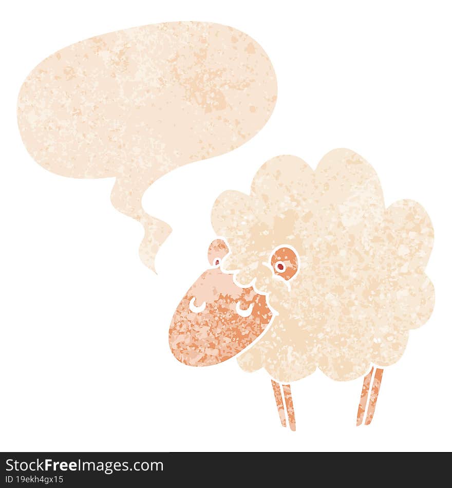 cartoon sheep and speech bubble in retro textured style