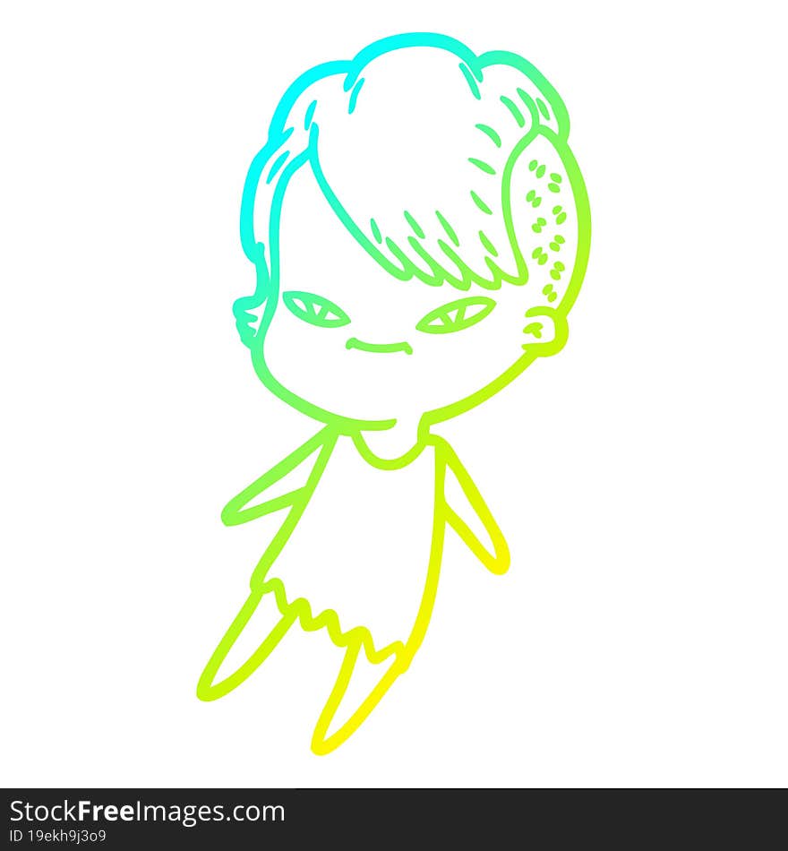 cold gradient line drawing of a cute cartoon girl with hipster haircut