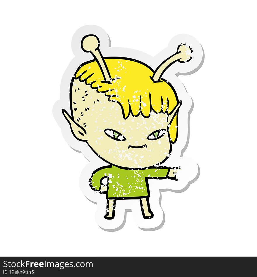 distressed sticker of a cute cartoon alien girl