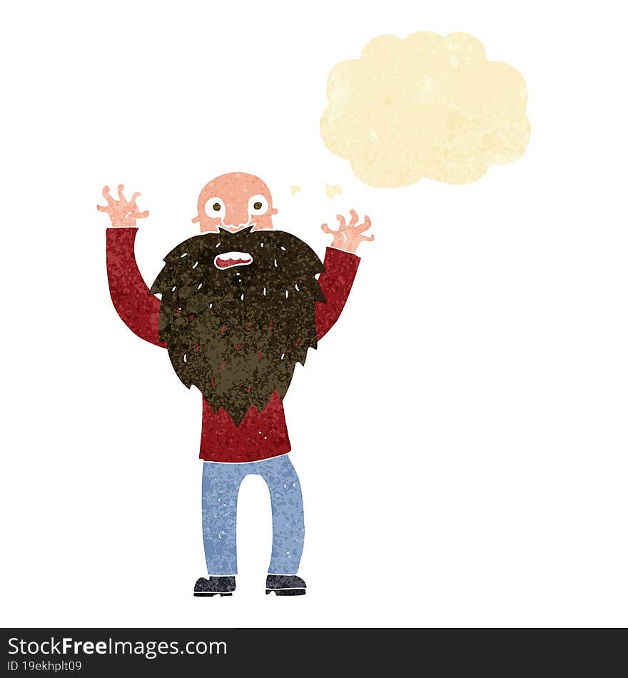 cartoon frightened old man with beard with thought bubble