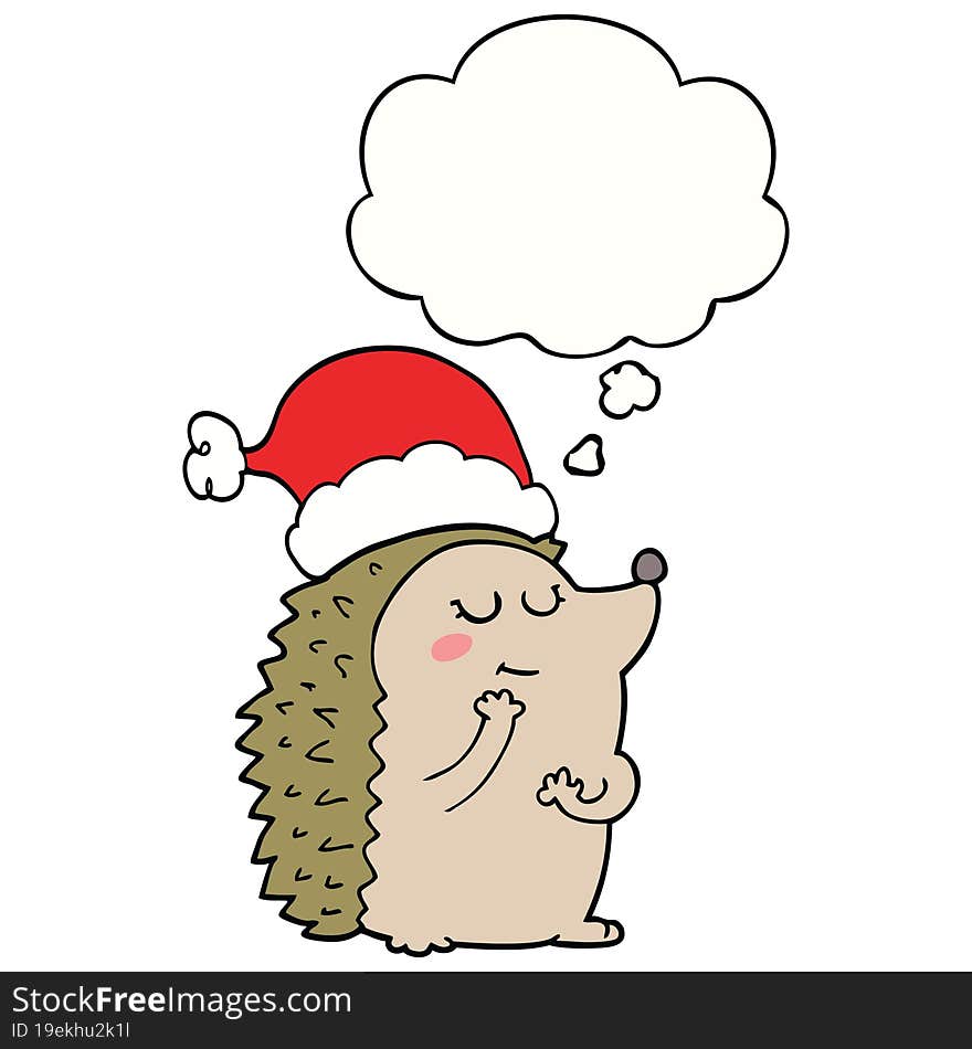 Cartoon Hedgehog Wearing Christmas Hat And Thought Bubble