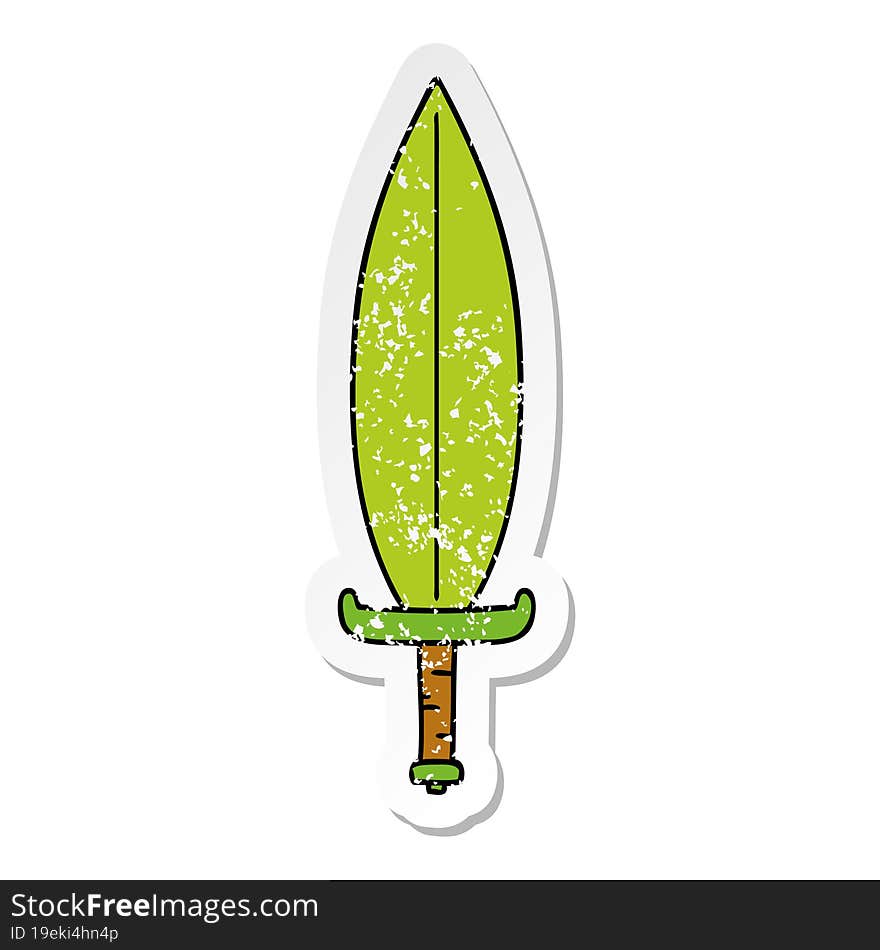 distressed sticker cartoon doodle of a magic leaf knife