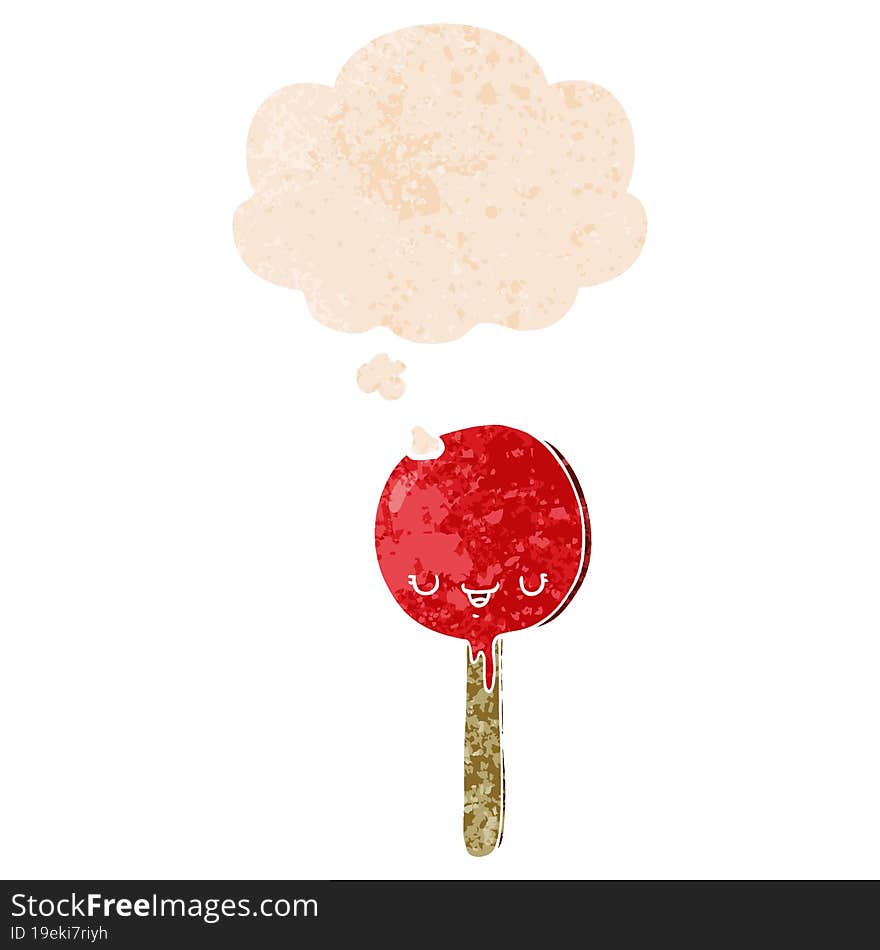 cartoon candy lollipop and thought bubble in retro textured style