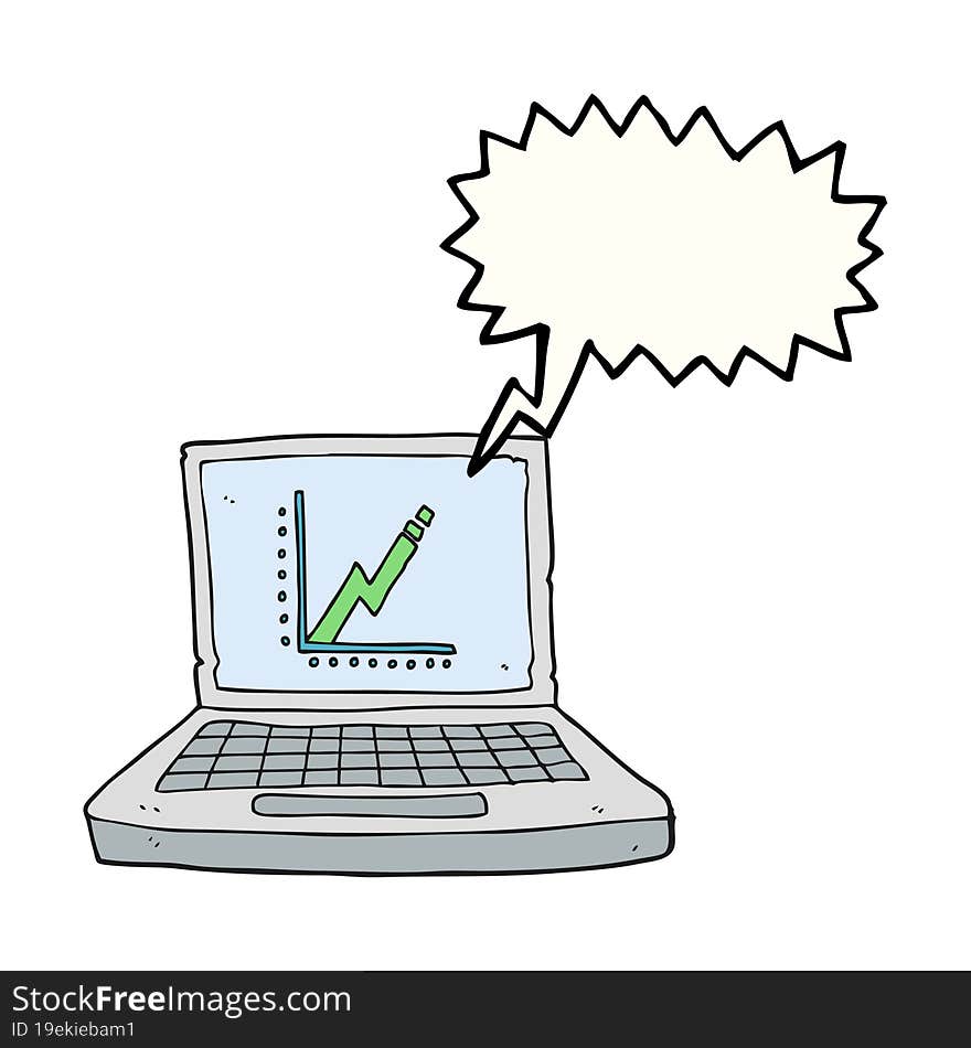 freehand drawn speech bubble cartoon laptop computer with business graph