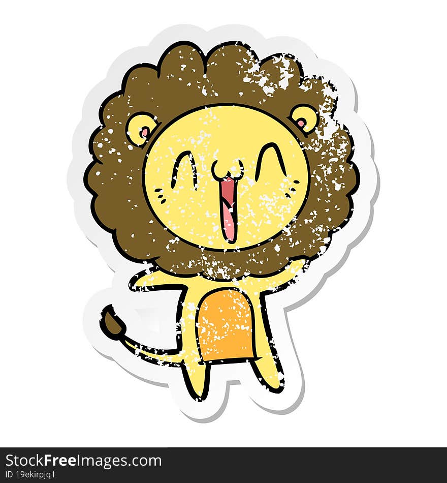 distressed sticker of a happy cartoon lion