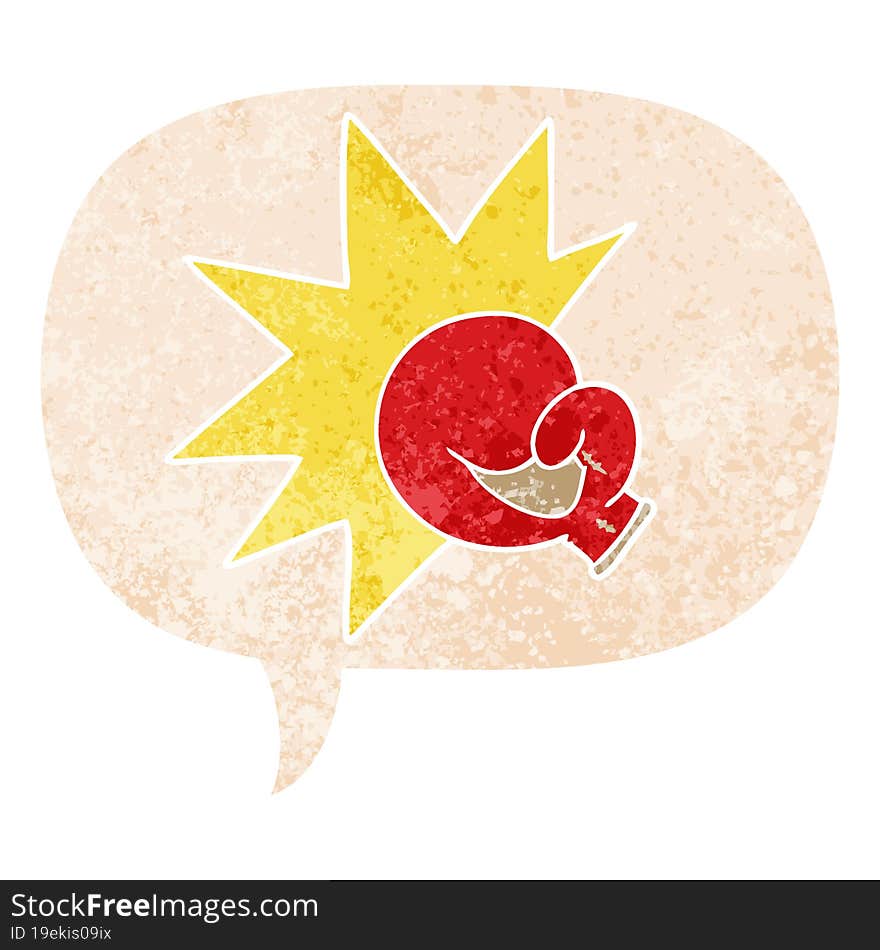 boxing glove cartoon  and speech bubble in retro textured style