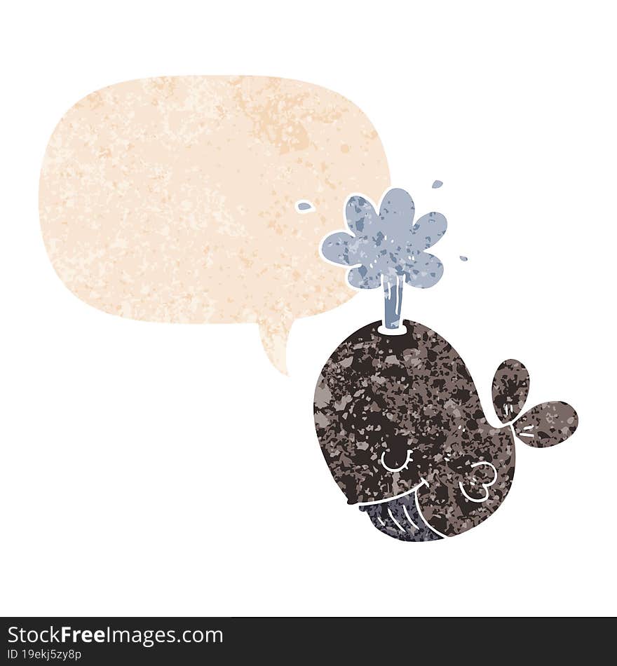 cartoon spouting whale and speech bubble in retro textured style