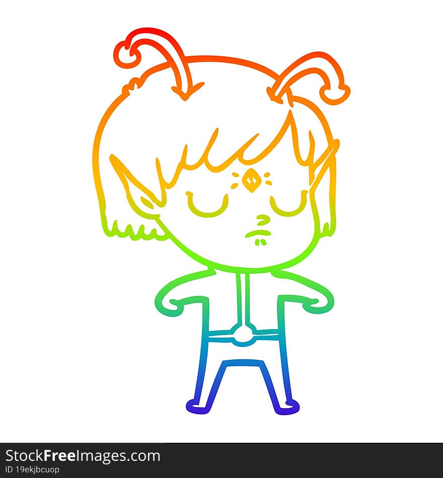 rainbow gradient line drawing of a cartoon alien girl