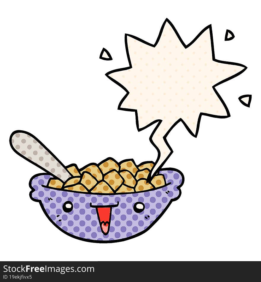 cute cartoon bowl of cereal and speech bubble in comic book style