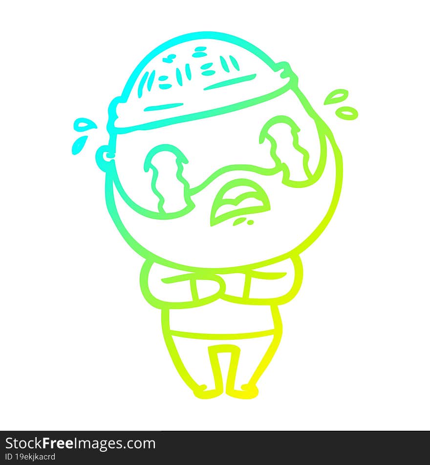 cold gradient line drawing cartoon bearded man crying