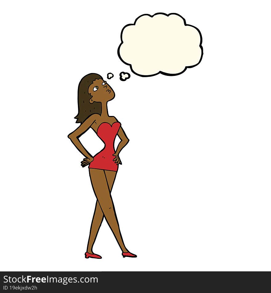 cartoon woman in party dress with thought bubble