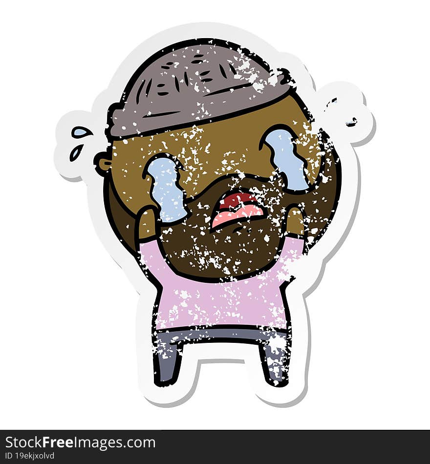 Distressed Sticker Of A Cartoon Bearded Man Crying