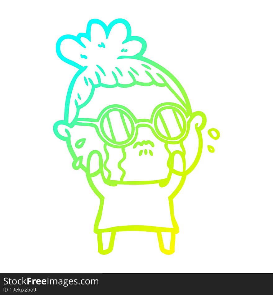 cold gradient line drawing cartoon crying woman wearing spectacles