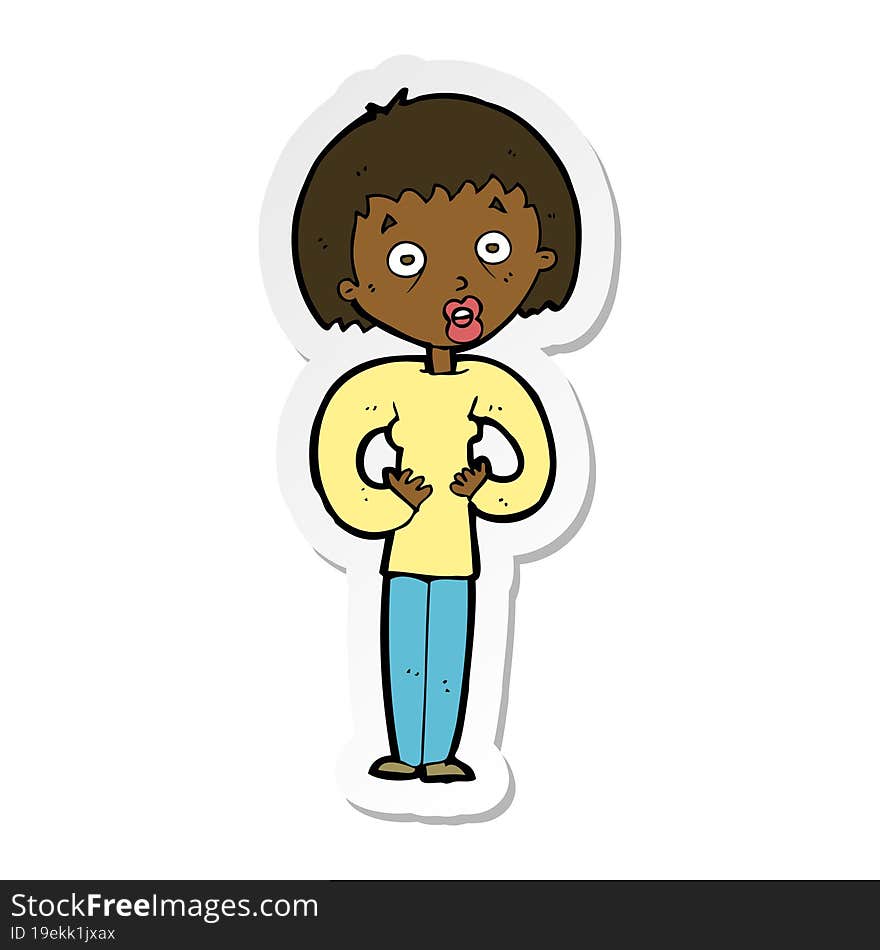 sticker of a cartoon woman gesturing at self