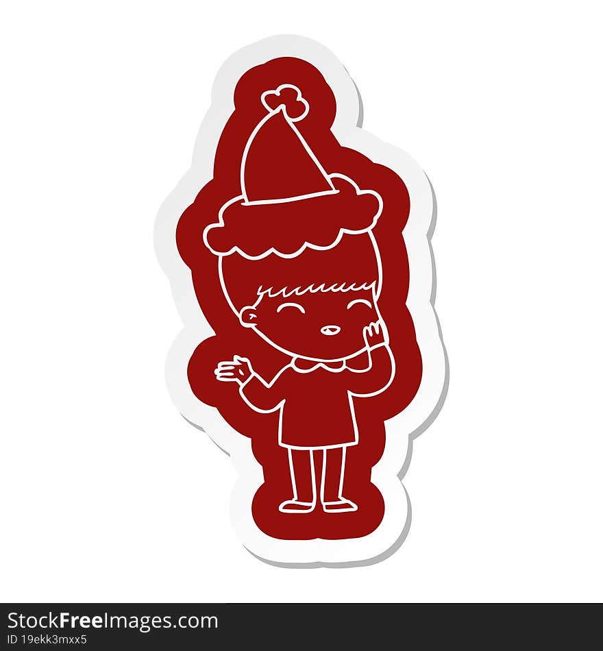 happy quirky cartoon  sticker of a boy wearing santa hat