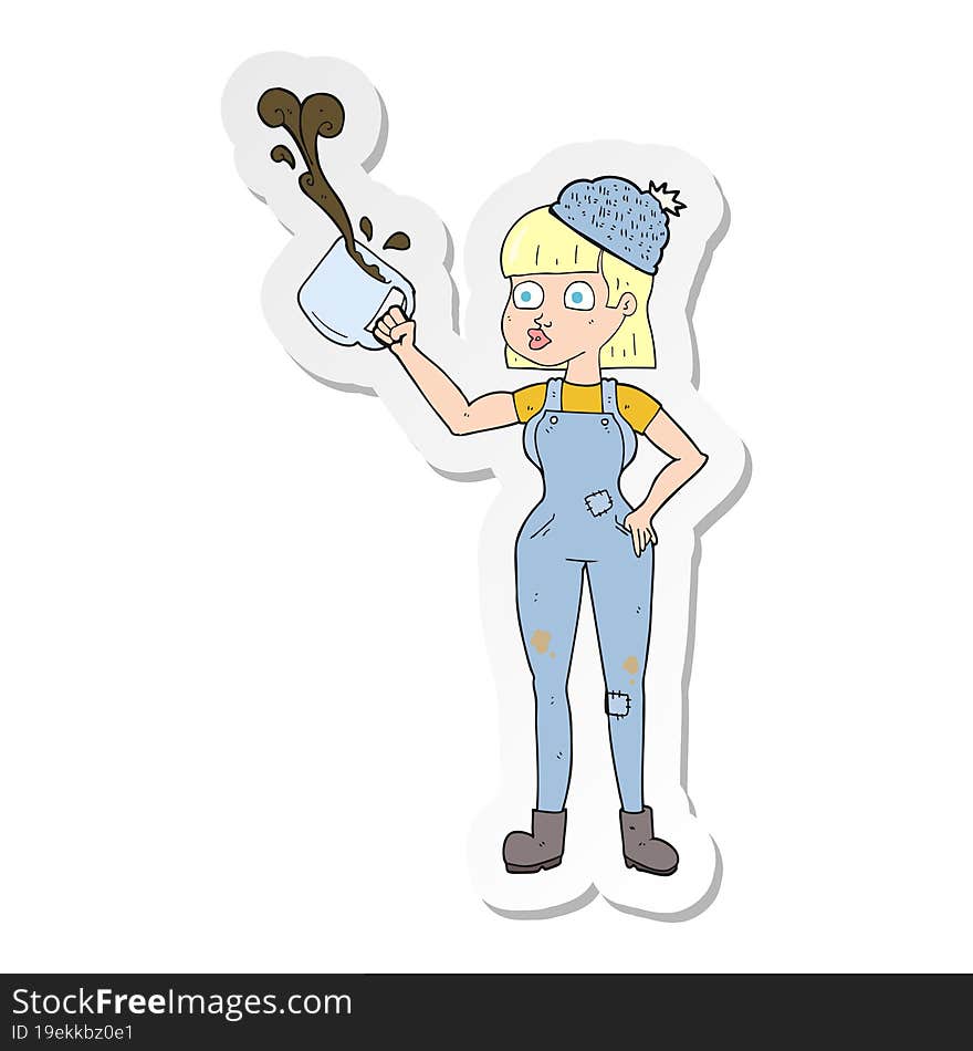 sticker of a cartoon female worker with coffee mug