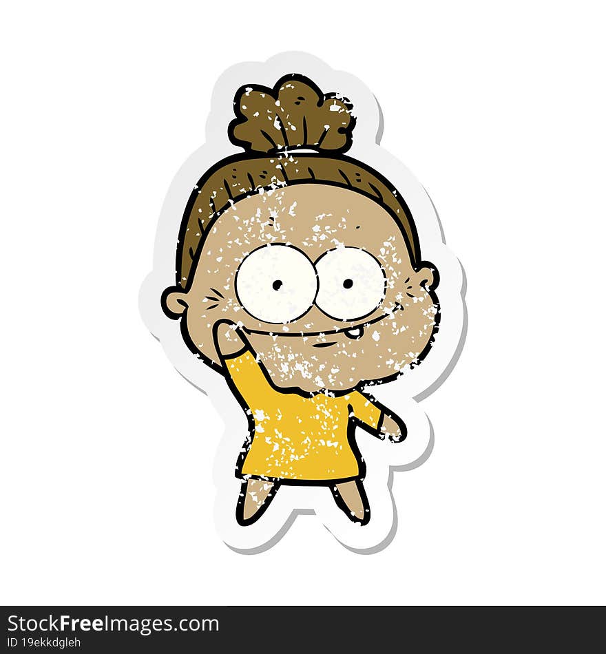 distressed sticker of a cartoon happy old woman