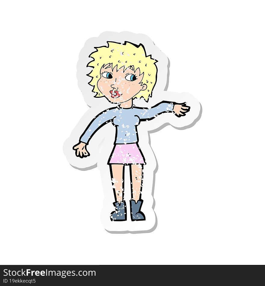 retro distressed sticker of a cartoon friendly woman waving