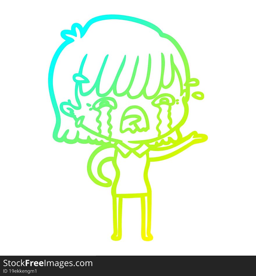 Cold Gradient Line Drawing Cartoon Girl Crying