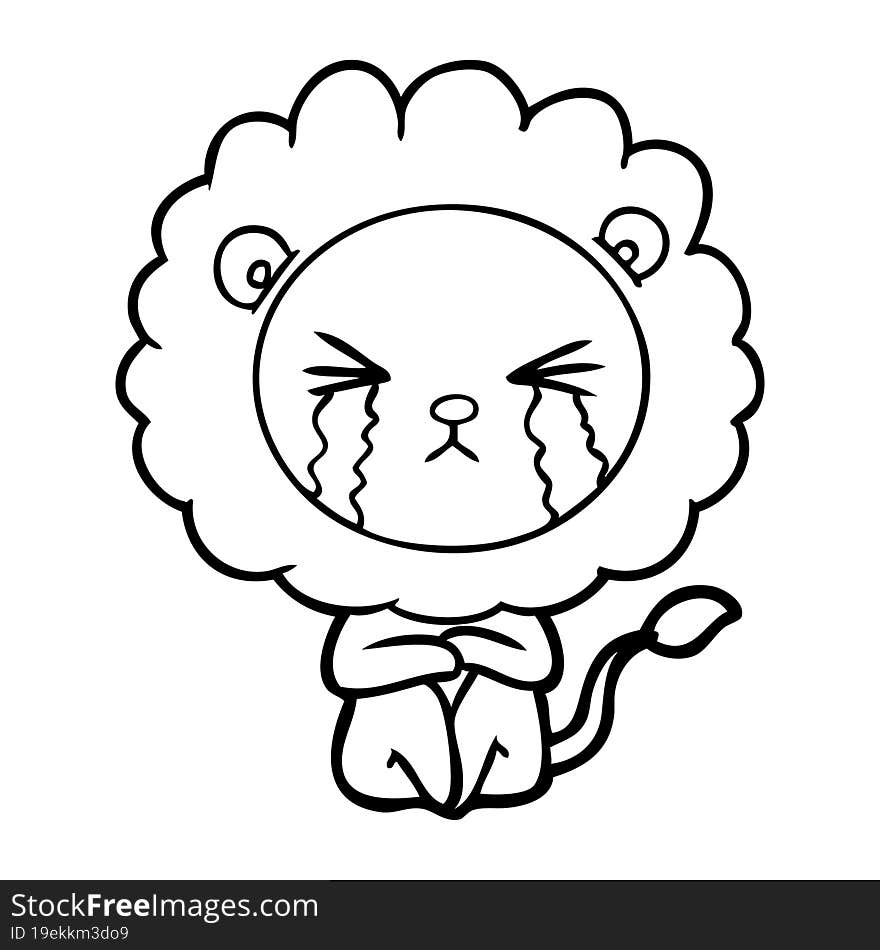 cartoon crying lion sitting huddled up. cartoon crying lion sitting huddled up