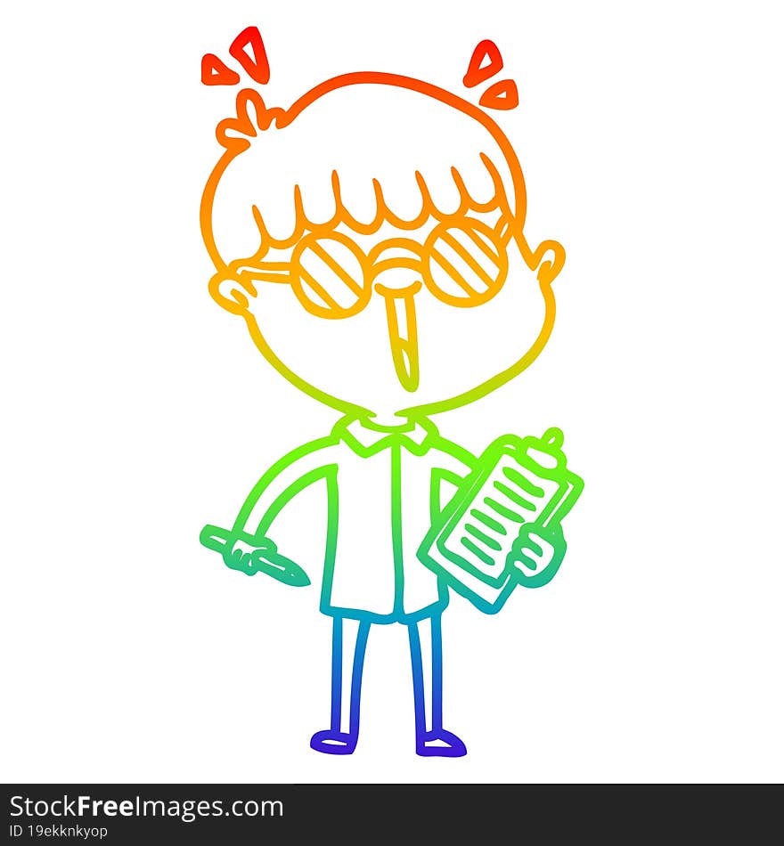 rainbow gradient line drawing of a cartoon boy wearing spectacles